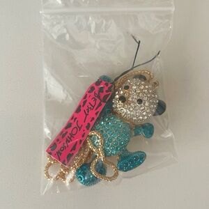 Betsey Johnson Blue and Gold Rhinestone Teddy Bear Pendant Necklace NWT